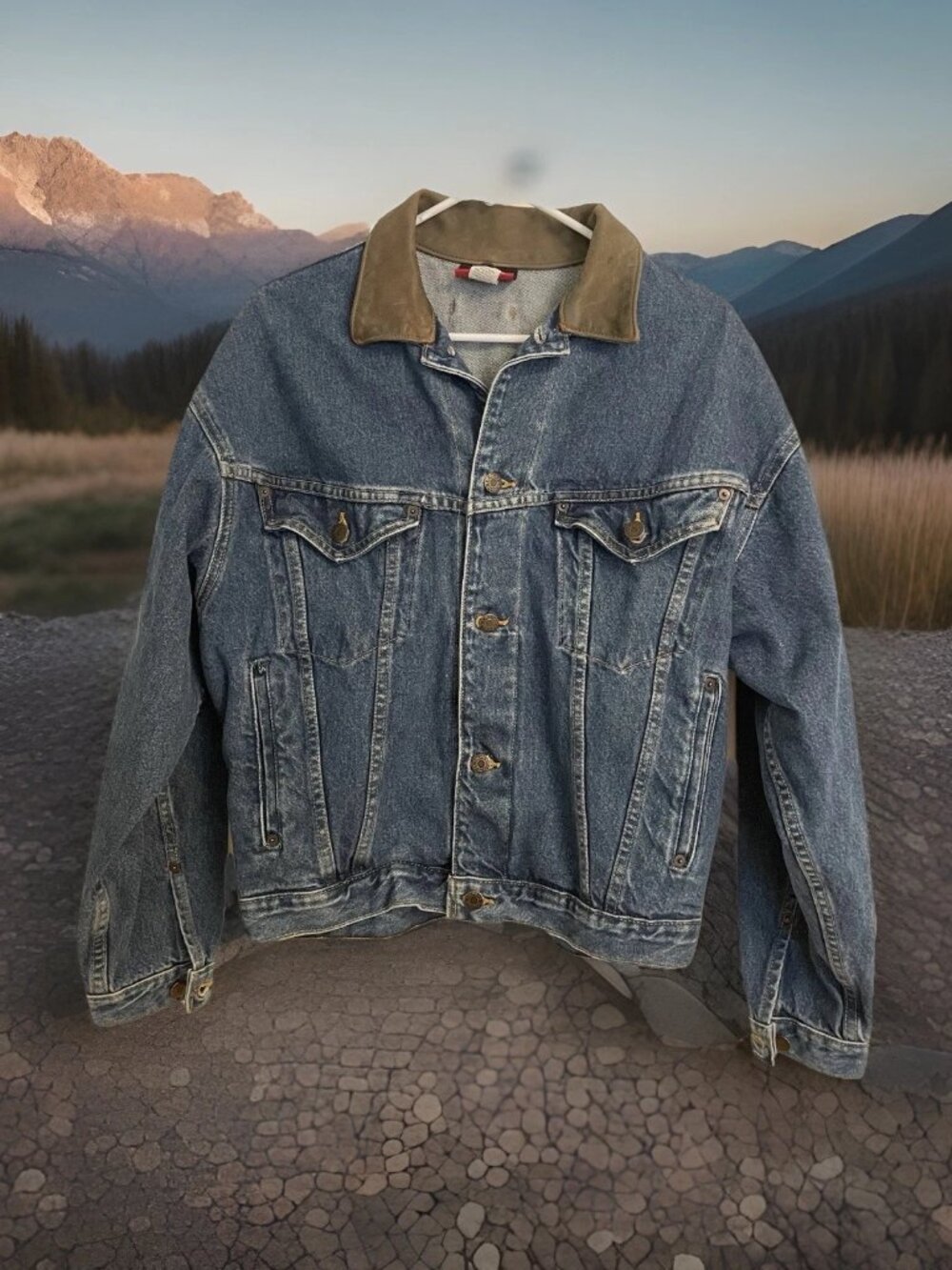 Vintage ID Wear Denim Jacket Lined Leather Collar S Small